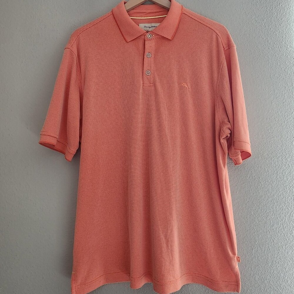 Tommy Bahama Polo Shirt Mens Large Orange Micro Check Marlin Logo Modal Blend